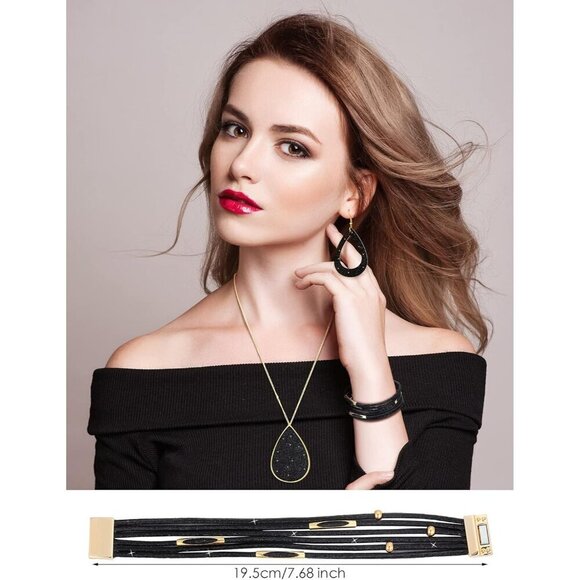 Women's Glitter Jewelry Set Faux Leather Multi-Layer Dangle Earrings Necklace Br - Picture 4 of 5